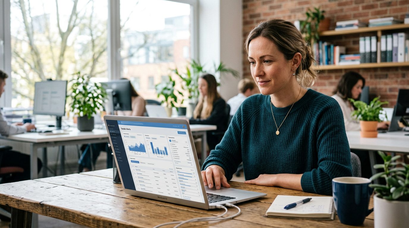 An IT services team reviewing tender alerts and a draft proposal on a laptop in a modern office
